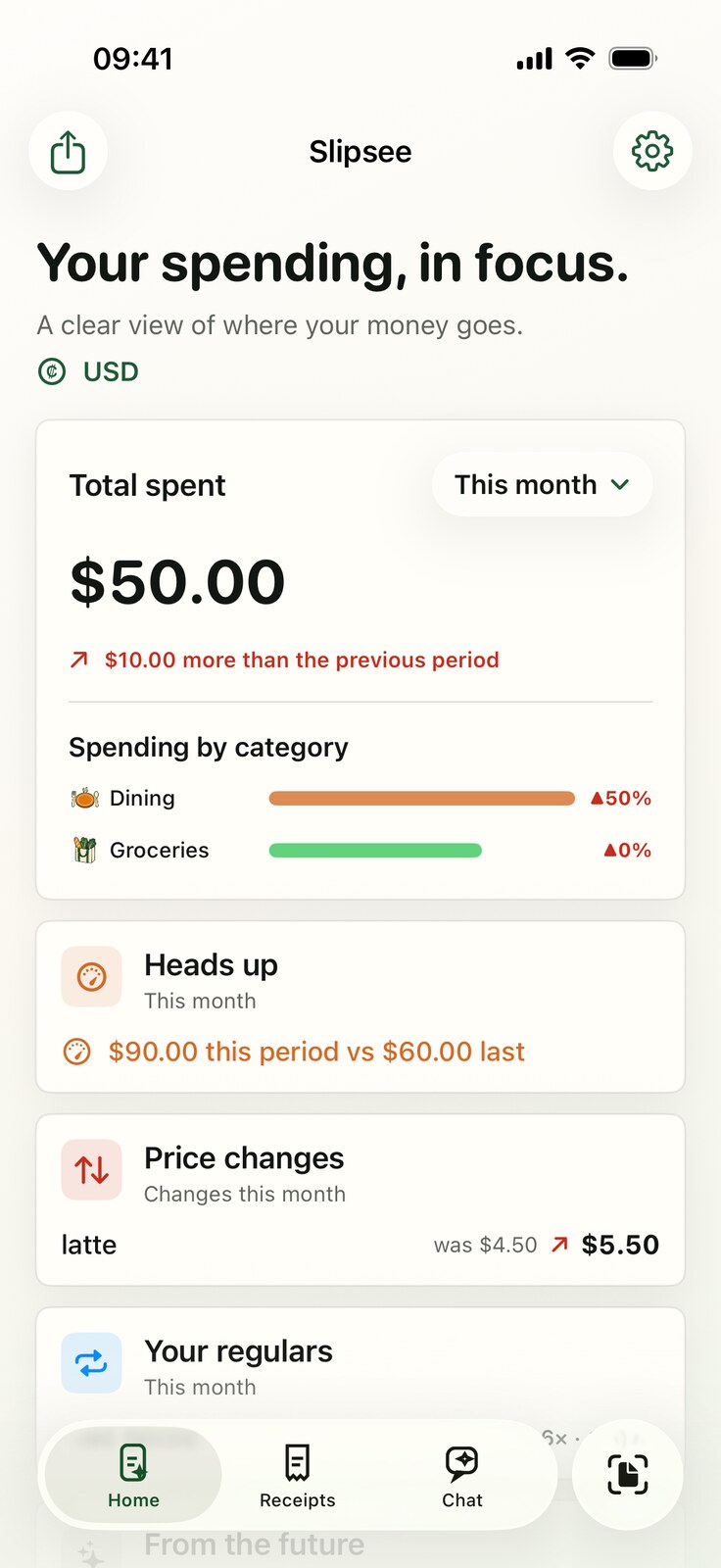 Slipsee spending overview with totals, category trends, and price changes