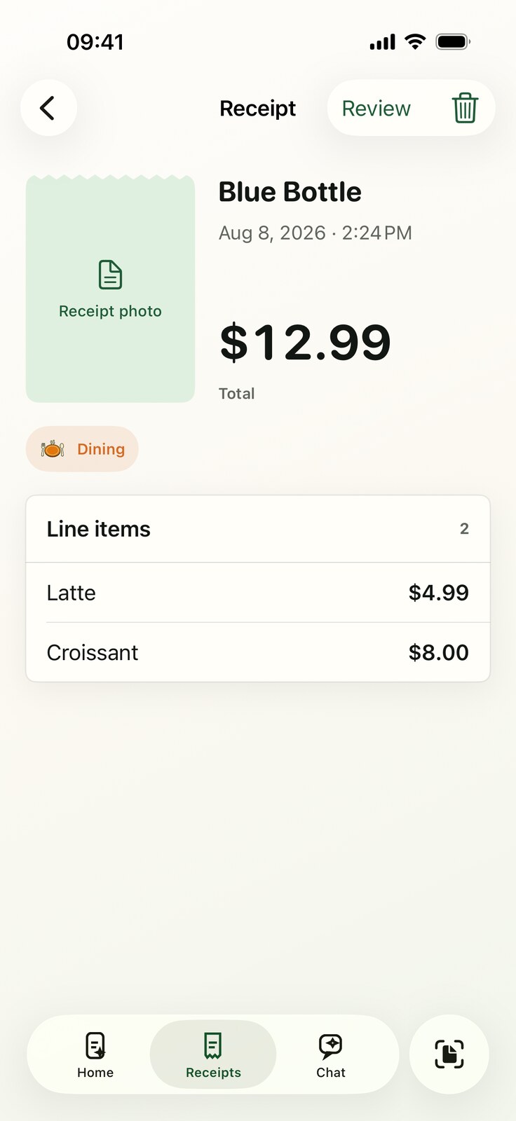 Slipsee receipt detail with merchant, total, and line items