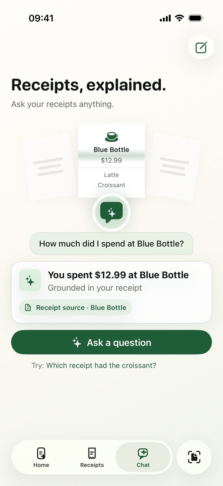 Slipsee chat with an answer grounded in a source receipt